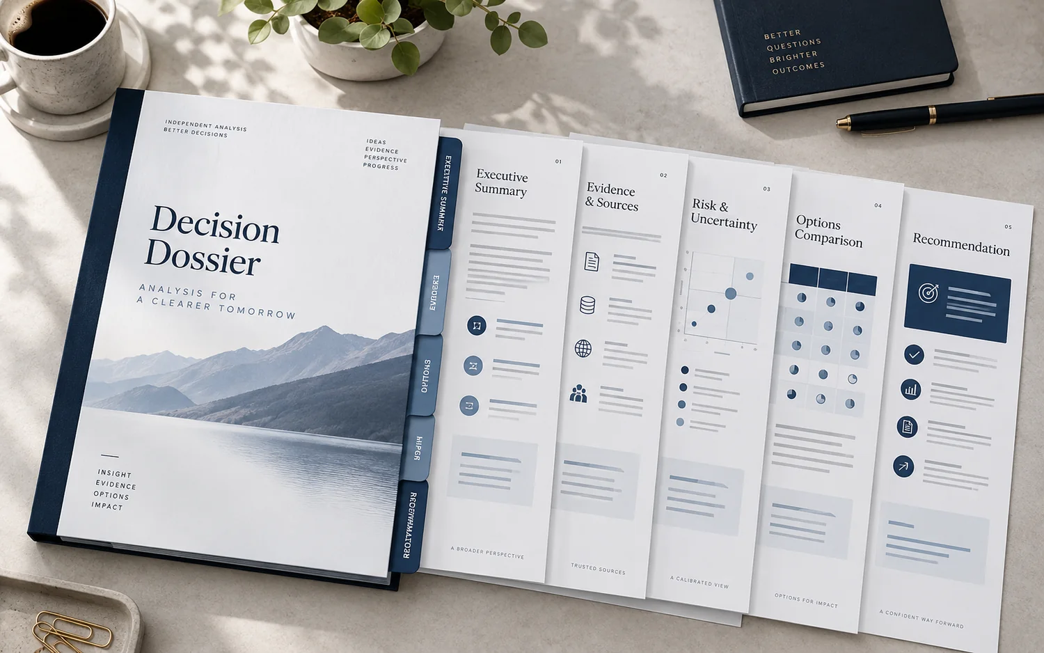 Visualisierung eines strukturierten Decision Dossiers mit Executive Summary, Evidenz, Risiken, Optionen und Empfehlung.